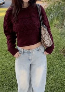 Maroon Cable Knit Cropped Sweater