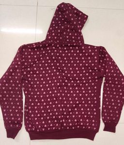 Maroon Heart Print Zip-Up Hoodie