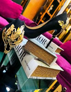 Black Stiletto Heels with Gold Leaf Detail