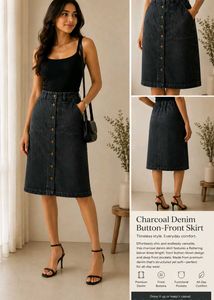 Charcoal Denim Button-Front Midi Skirt