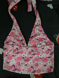 Pink Floral Halter Neck Crop Top