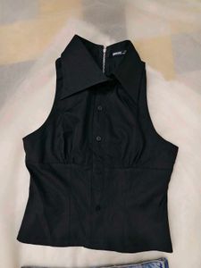 Black Collared Sleeveless Top &amp; Denim Skirt Set