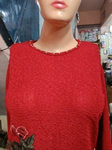 Red Cold Shoulder Sweater with Floral Applique