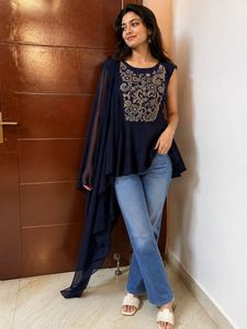 Elegant Navy Kurta with Gold Embroidery