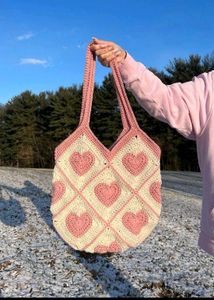 Heart Crochet Tote Bag - Handmade
