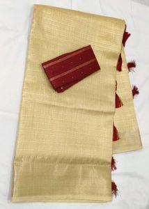 Elegant gold Saree with Red Blouse Piece
