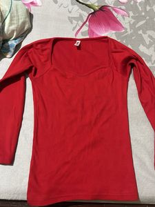 Red Square Neck Ribbed Long Sleeve Top
