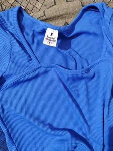 Blue Square Neck Long Sleeve Crop Top