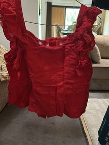 Red Button-Up Ruffle Sleeve Top