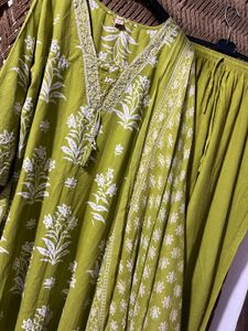 Lime Green Floral Kurta Set with Dupatta