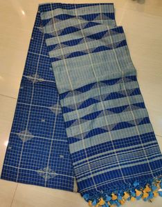 Brand new Blue Checked Cotton Saree with Tassels