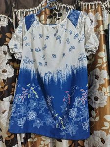 Blue Floral Print Sheer Sleeve Top