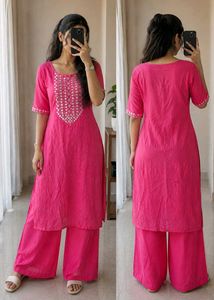 Pink Embroidered Mirror Work Kurta | 3/4 Sleeves |