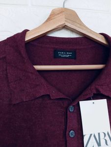 Zara Men's Burgundy Knit Polo Shirt
