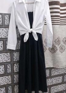 Chic Black Dress with White Tie-Front Shrug