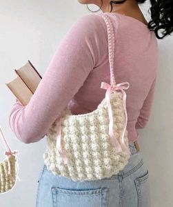 Cream Crochet Hobo Bag with Pink Ribbon