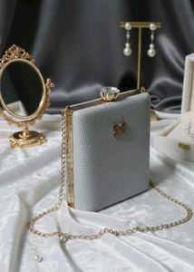 Price Drop Silver Clutch with Pearl Chain