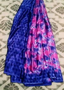 Royal Blue & Pink Printed Crepe Silk Saree with Bl