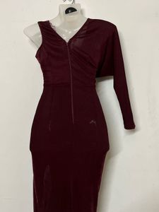 Maroon One-Sleeve Embellished Dress