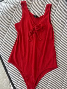 Vibrant Red Lace-Up Ribbed Bodysuit