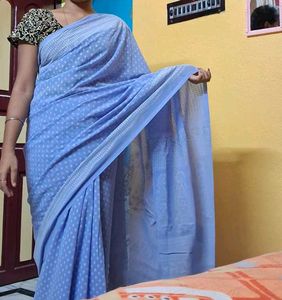 Elegant Blue Saree with White Polka Dots