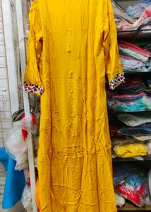 Yellow Anarkali Long Kurta with Printed Yoke