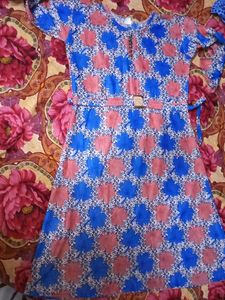 Blue &amp; Pink Leaf Print Frock with pajama