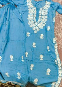 Sky Blue Kurta Set with White Embroidery