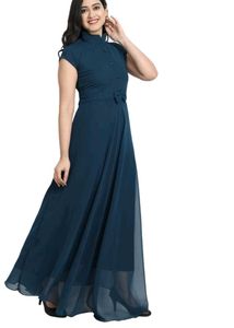 Georgette A Line Flared Blue Gown
