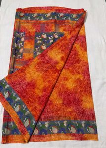 Vibrant Orange Saree with Blue Border
