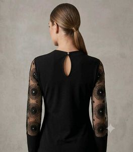 Black mini dress with sheer, embroidery long sleev