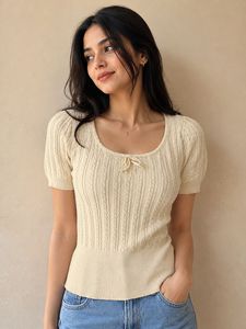 Cream Cable Knit Puff Sleeve Top