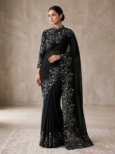 Elegant Black Floral Embroidered Saree
