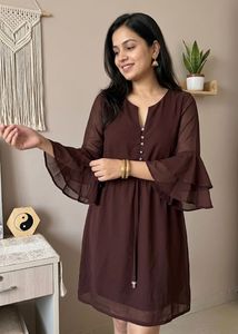 Chic Brown Ruffled Sleeve Dress