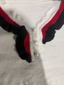 White Ribbed Top with Ruffle Sleeves