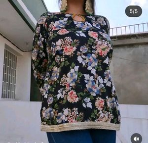 Black floral kurti with lace detailing