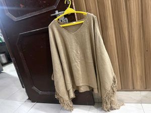 Beige Fringe Knit Poncho