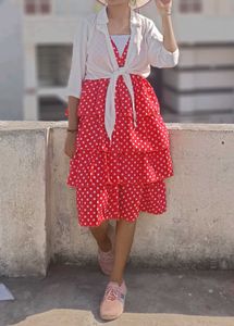 Red Polka Dot Tiered Dress with White Shirt