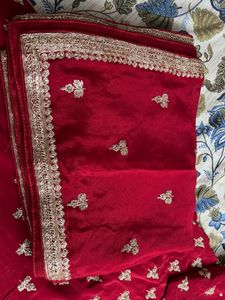 Zardozi Embroidered Pure Silk Red Suit, Churidhar
