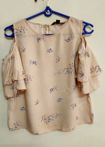 Peach Cold Shoulder Ruffle Sleeve Top