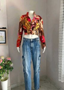 Unique Abstract Print Cropped Jacket