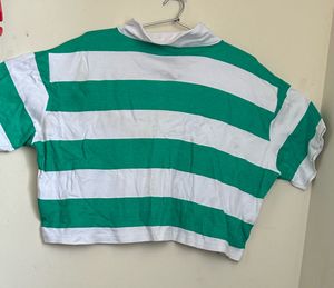 Green and White Striped Cropped Polo Shirt
