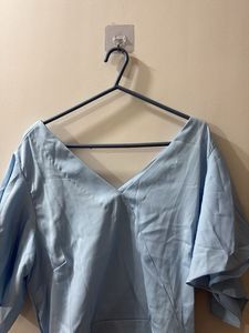 Light Blue Flutter Sleeve Crop Top with Tie