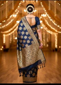 Elegant navy blue Banarasi Saree