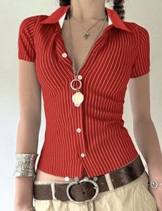 Chic Red Striped Button-Up Top