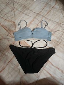 Blue Padded Bra &amp; Black Bikini Set