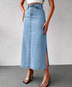 Light Wash Denim Maxi Skirt with Slits