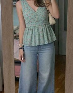 V-Neck Mint Green Floral Peplum Blouse