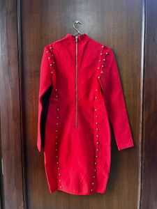 Red Studded Long Sleeve Mini Dress