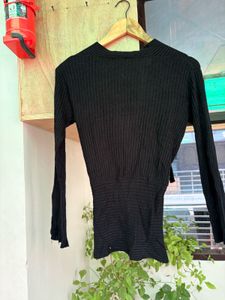 Black Ribbed Long Sleeve Wrap Top